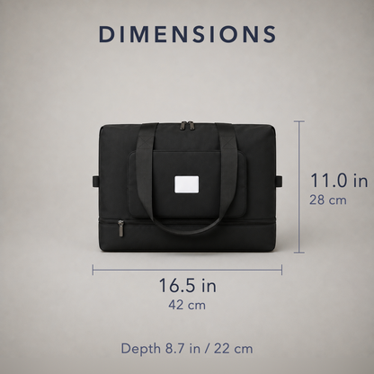 Dimension diagram of the black travel bag, 16.5 inches or 42 cm wide and 11.0 inches or 28 cm tall, with a depth of 8.7 inches or 22 cm