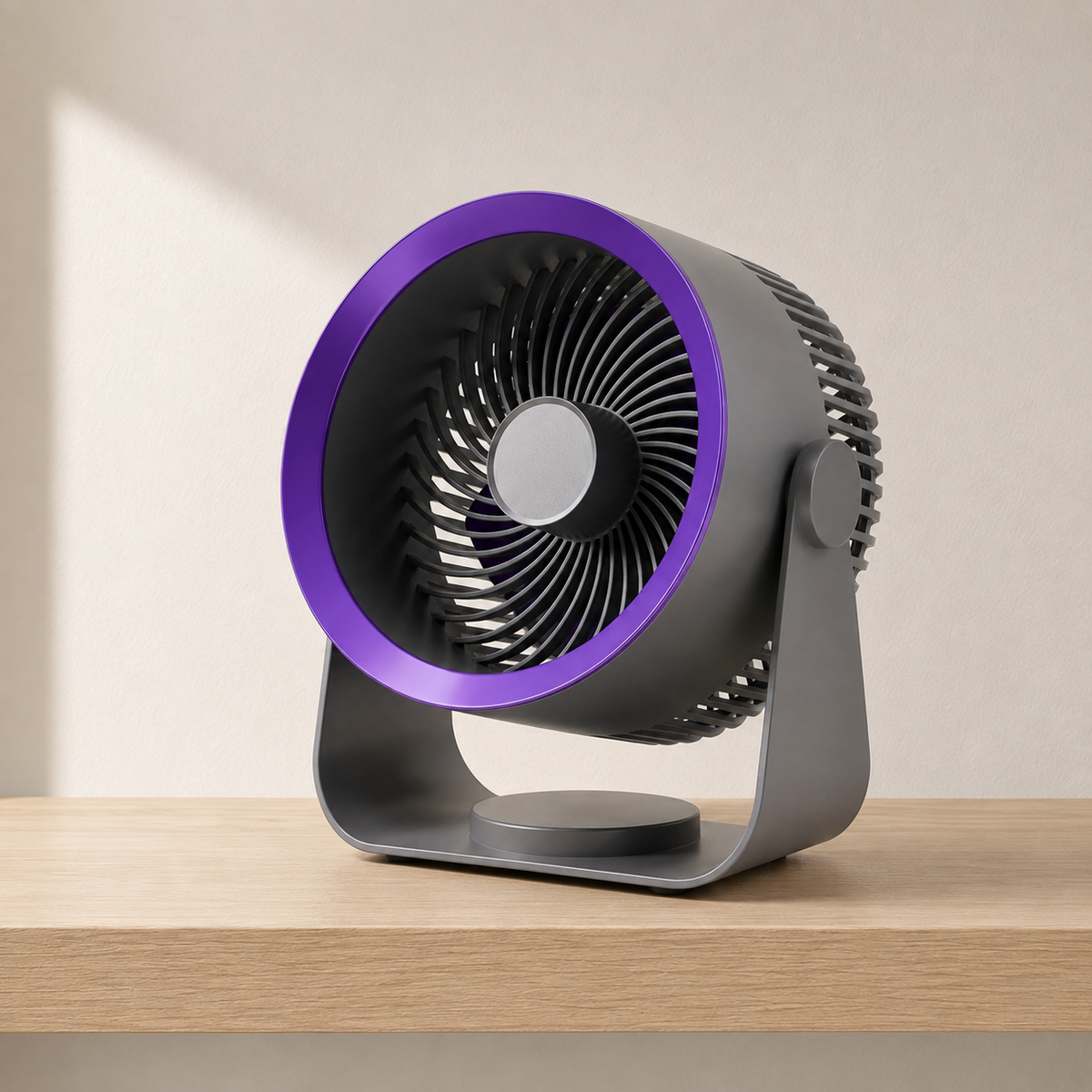 Grey air circulator fan with a violet ring, centred on a pale oak console shelf against a plain wall