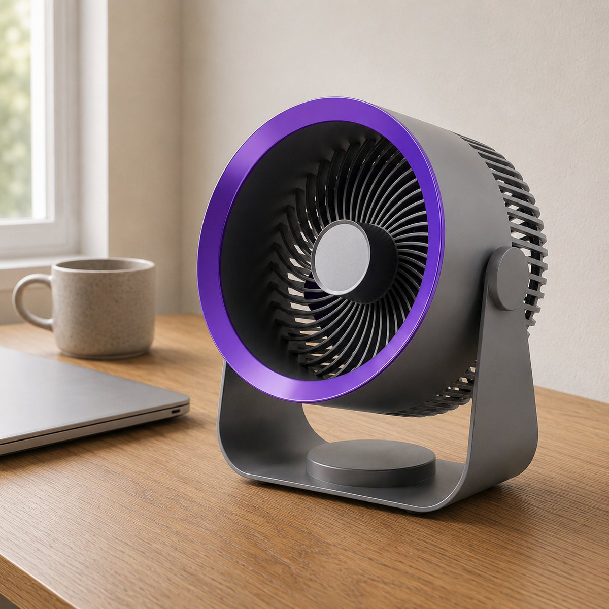 Grey air circulator fan on a wooden home-office desk beside a closed laptop and a stoneware mug