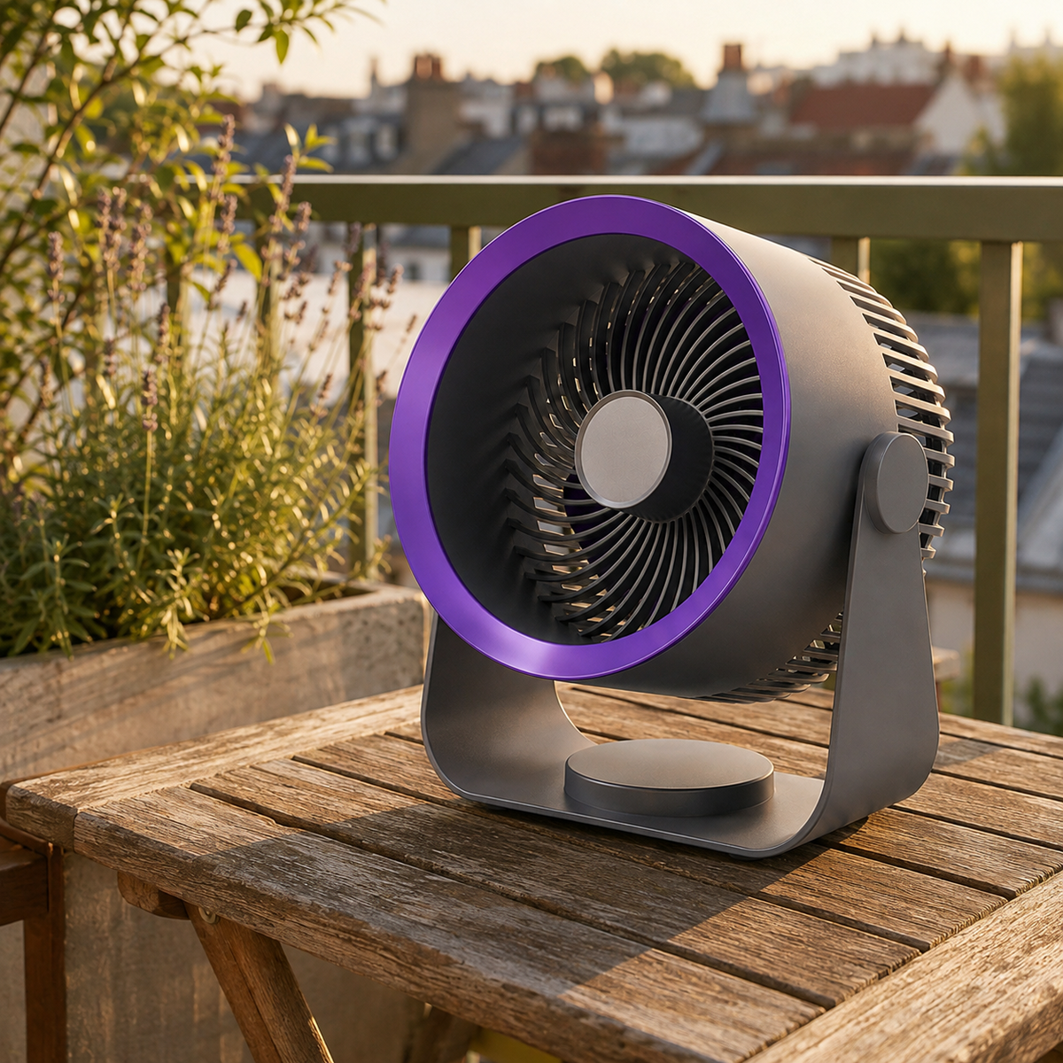 Grey air circulator fan on a weathered wooden table on a balcony in late afternoon light, with no cable attached