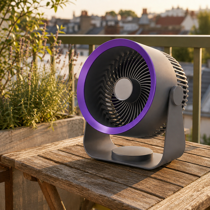 Grey air circulator fan on a weathered wooden table on a balcony in late afternoon light, with no cable attached