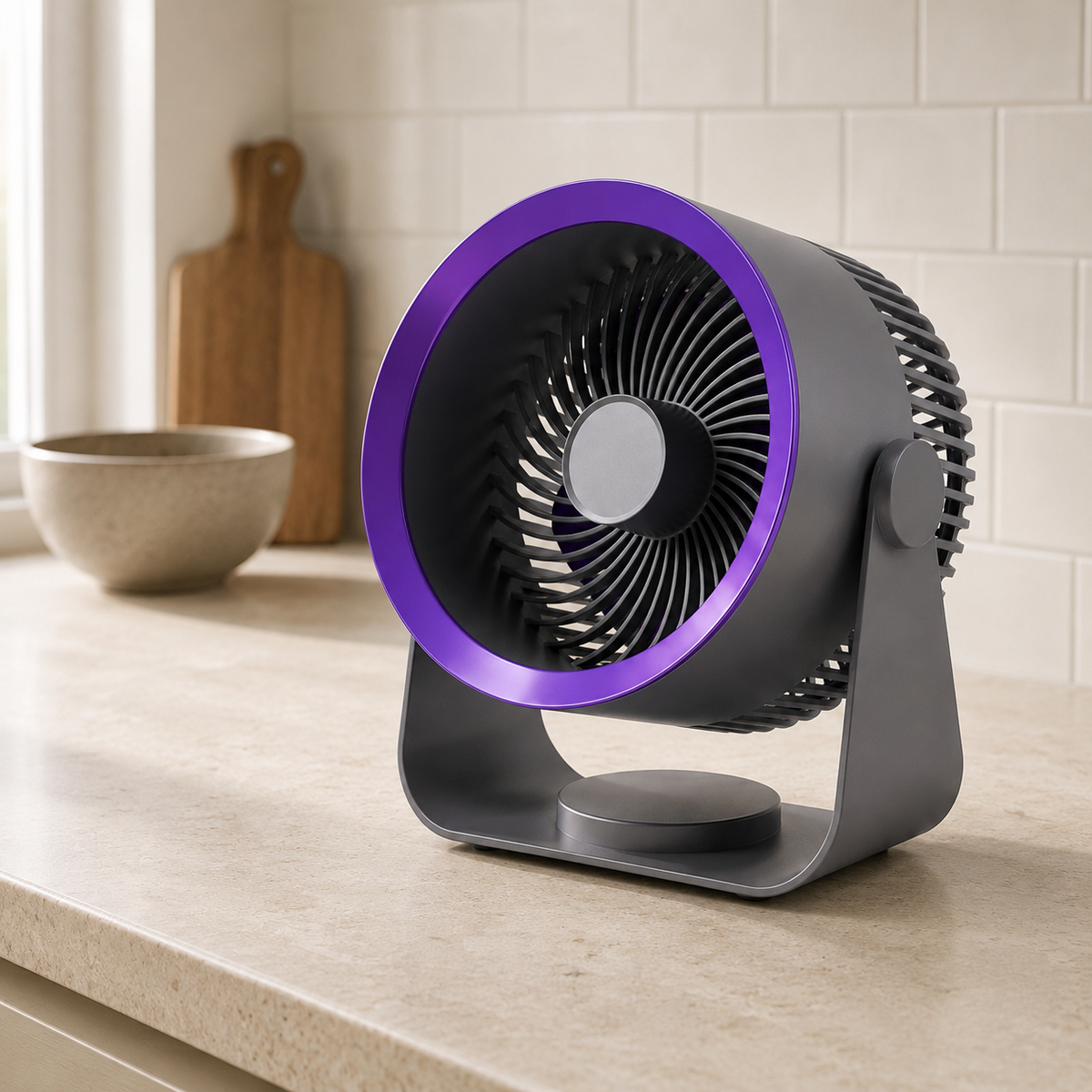 Grey air circulator fan on a pale stone kitchen countertop with a white tiled splashback behind it