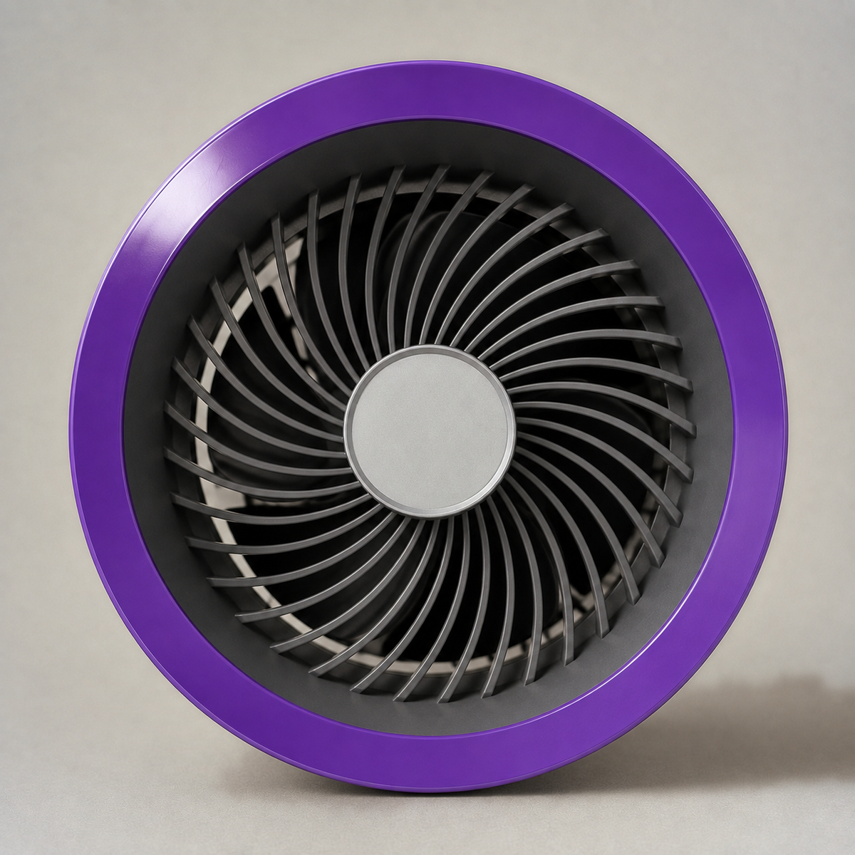 Close-up of the fan's violet ring, the spiral of grey guard spokes and the plain light-grey centre cap