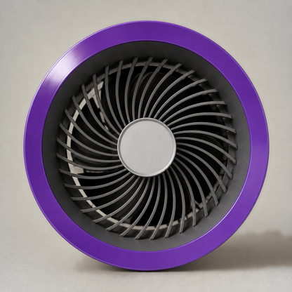 Close-up of the fan's violet ring, the spiral of grey guard spokes and the plain light-grey centre cap