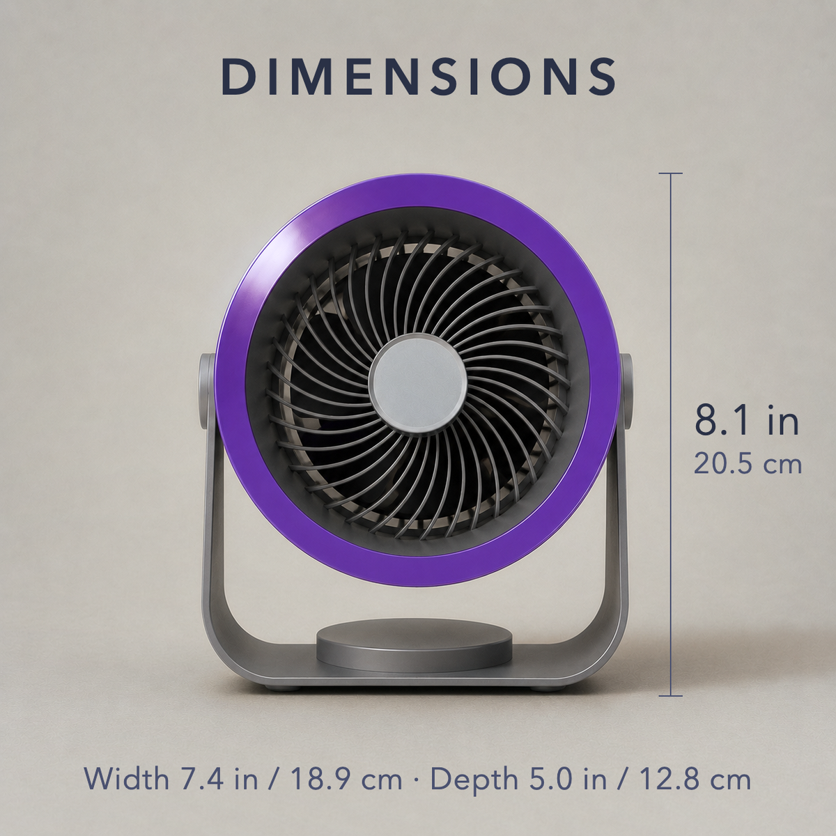 Dimension diagram of the air circulator fan seen square on from the front on a grey background, marked 8.1 in / 20.5 cm down the height, with a note reading width 7.4 in / 18.9 cm and depth 5.0 in / 12.8 cm