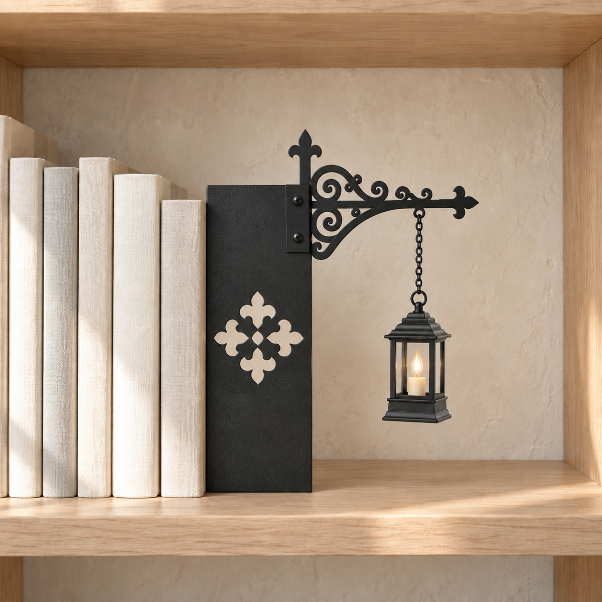 Black bookend board with a cut-out quatrefoil standing on a pale oak shelf, books stacked against one side and the scrolled arm and lit lantern reaching out over the empty shelf on the other