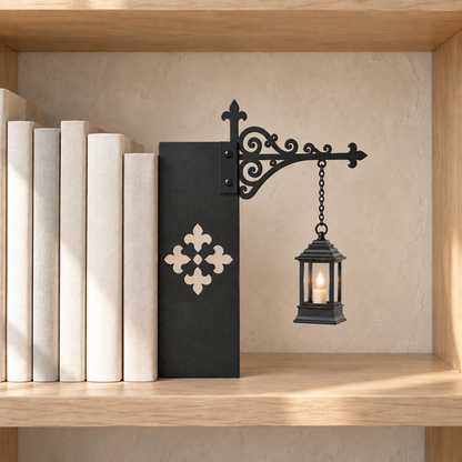 Black bookend board with a cut-out quatrefoil standing on a pale oak shelf, books stacked against one side and the scrolled arm and lit lantern reaching out over the empty shelf on the other