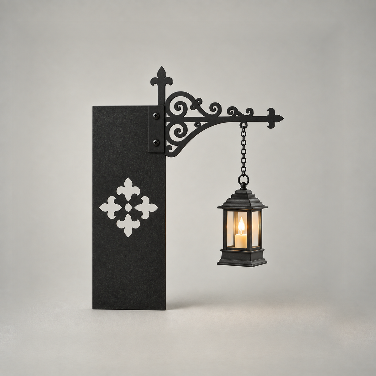 Bookshelf light shown front on, the flat black bookend board standing upright with the scrolled arm and hanging square lantern