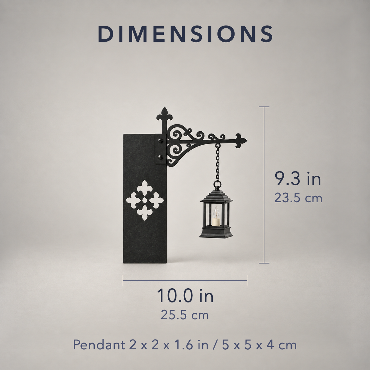 Dimension card - the bookshelf light bracket measures 10 in / 25.5 cm wide, frame height 9.3 in / 23.5 cm