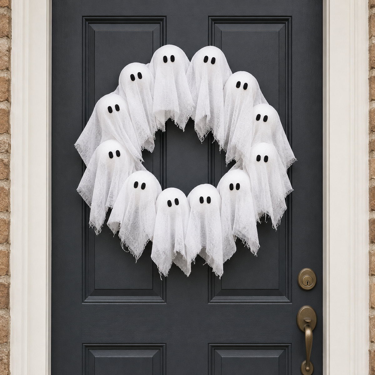 Ghost wreath on a front door in daylight with its lights off