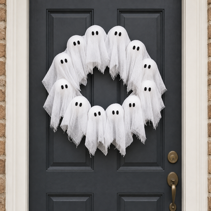 Ghost wreath on a front door in daylight with its lights off