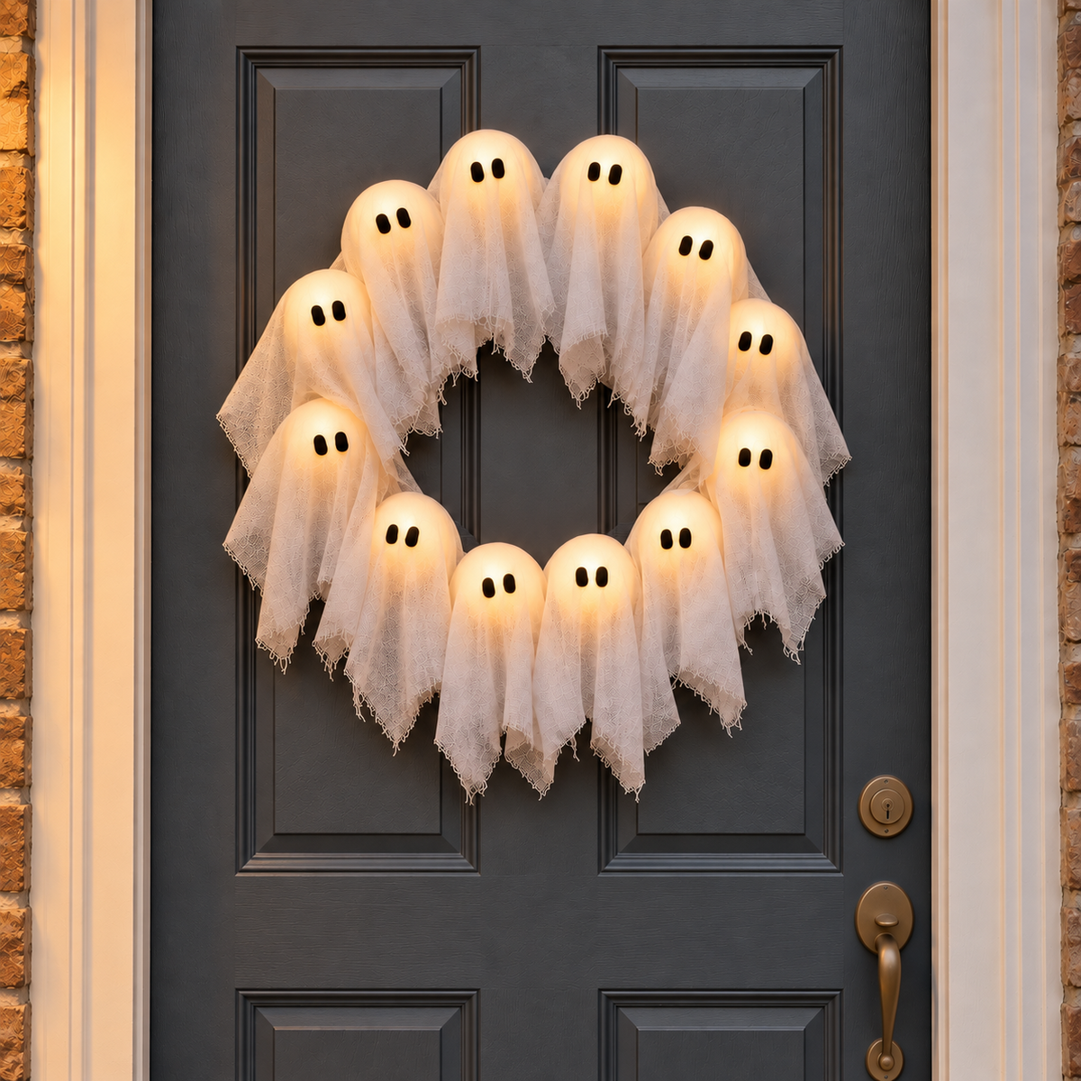 Ghost wreath lit warm white on a front door at dusk