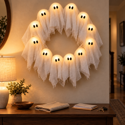 Ghost wreath lit above a hallway console table in the evening