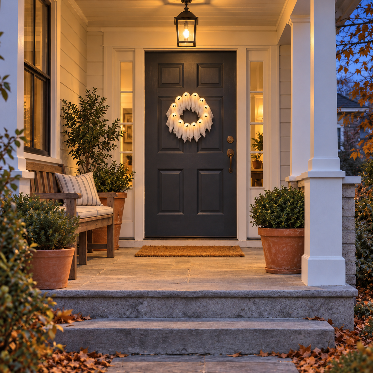 Ghost wreath lit on a porch door at dusk, seen from further back