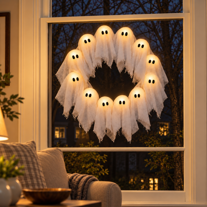 Ghost wreath lit warm white on a window at night, seen from inside
