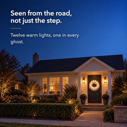 Seen from the road. Twelve warm white lights that read as a wreath from the pavement
