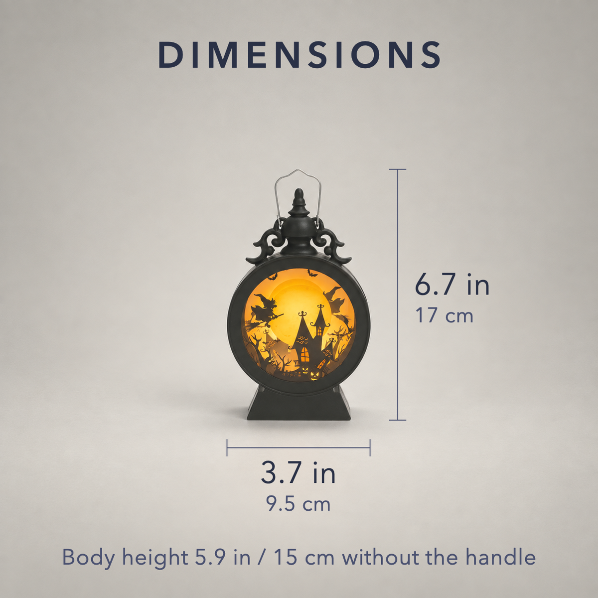 Dimensions of the Halloween lantern, 3.7 inches wide and 6.7 inches tall