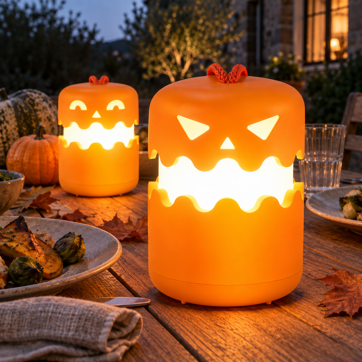 Two pumpkin lanterns lit and open on an outdoor table at dusk, one with triangular eyes and one with arched eyes