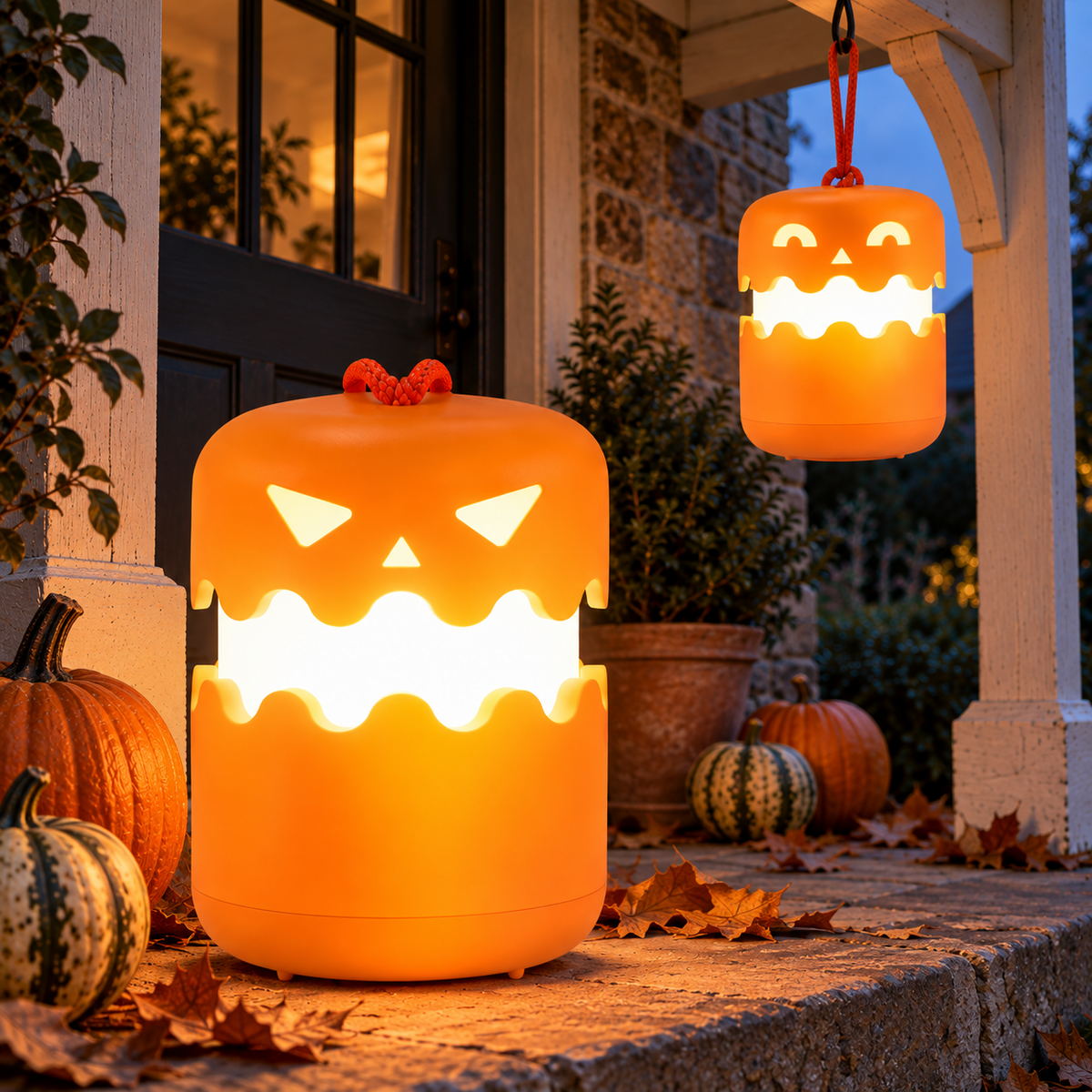 Pumpkin lantern hanging by its cord from a porch hook and a second one standing on a stone step, both lit at dusk
