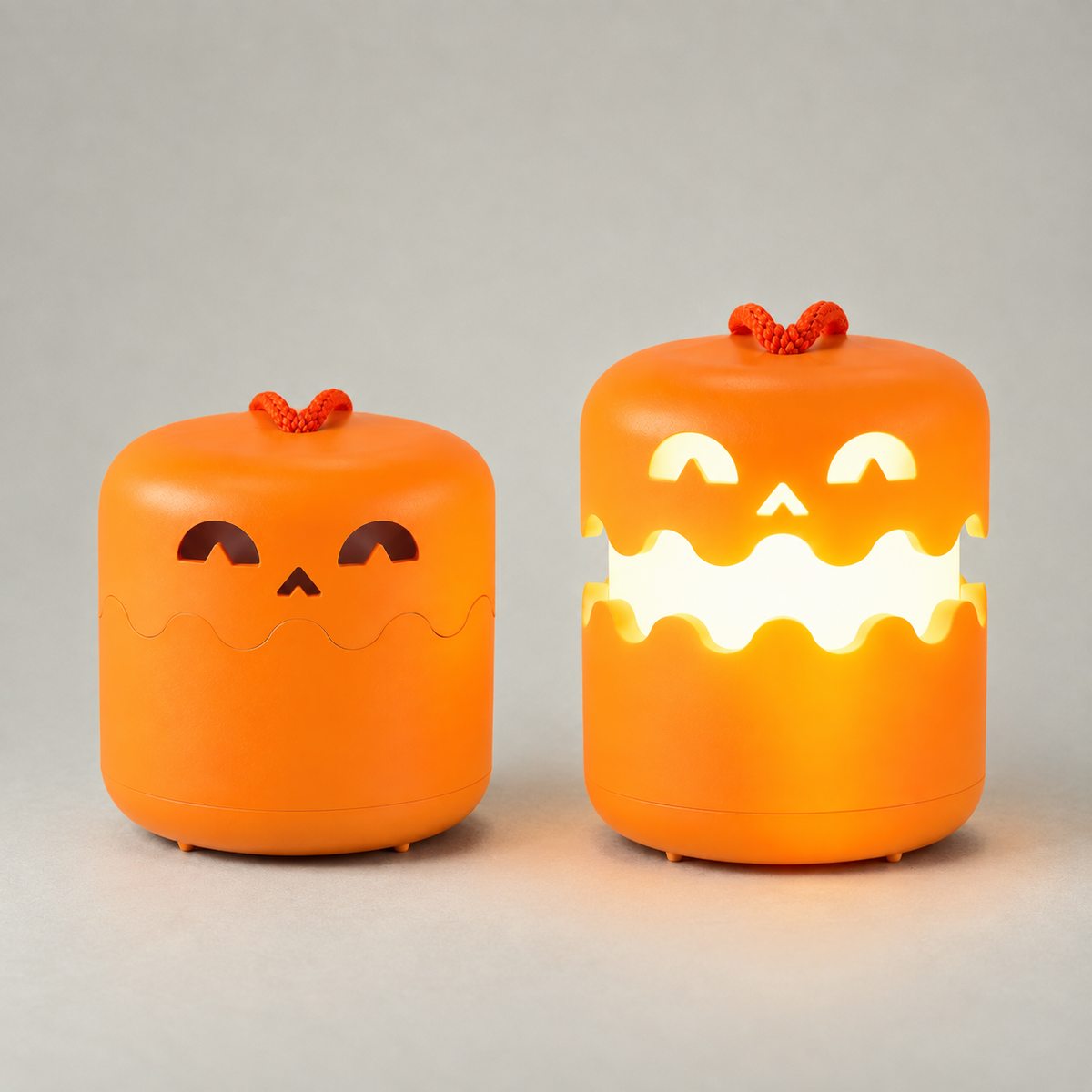Pumpkin lantern closed and unlit beside the same lantern open and lit