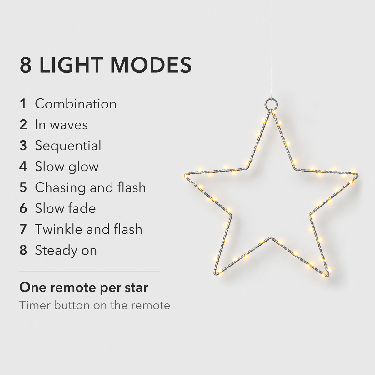 One lit star light beside a list of its eight light modes, with one remote per star and a timer button