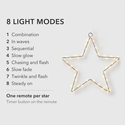 One lit star light beside a list of its eight light modes, with one remote per star and a timer button