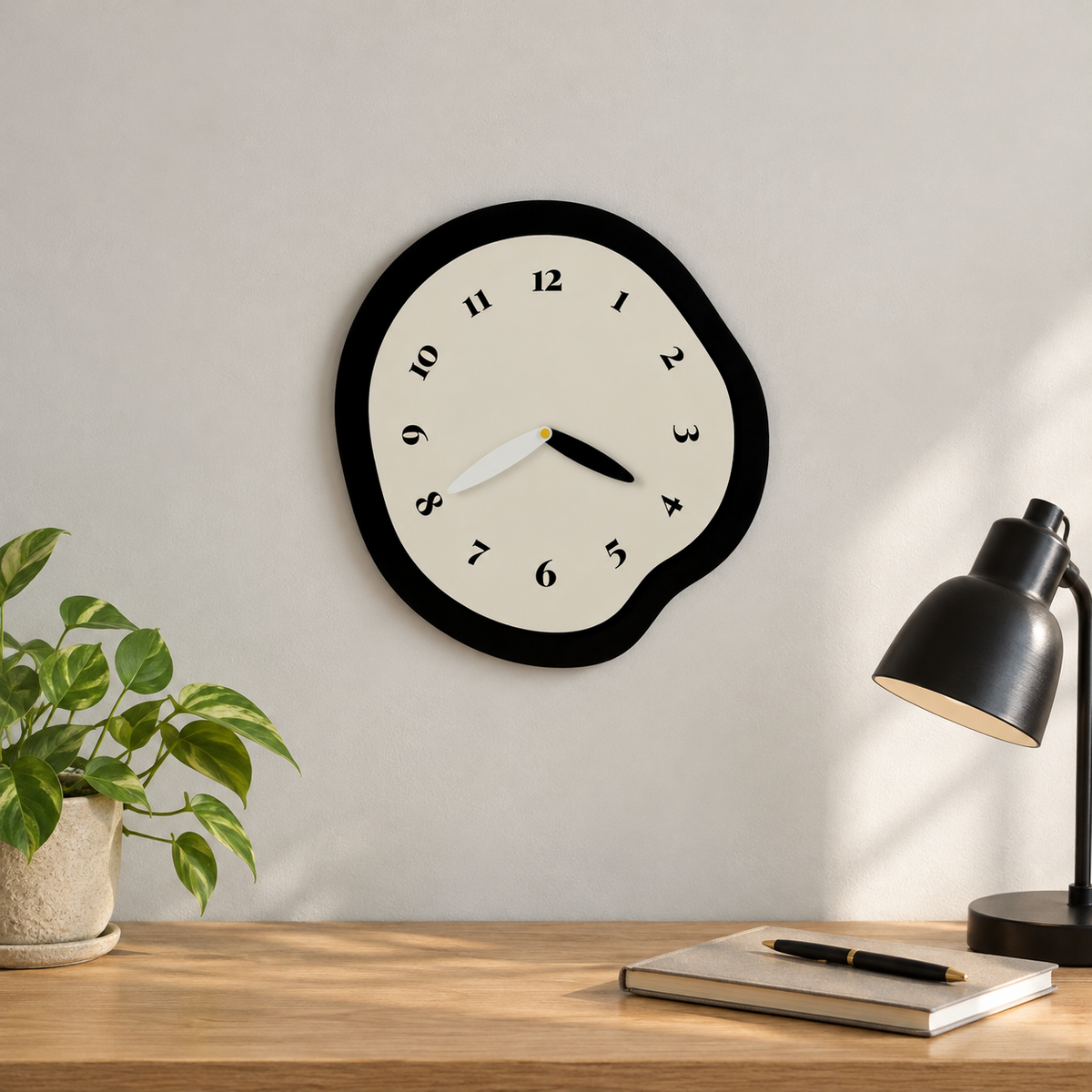 A black and cream abstract wall clock without a pendulum above an oak desk in a home study