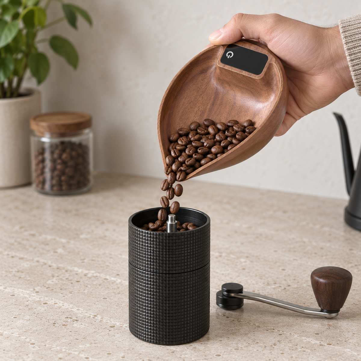 Coffee beans pouring from the pointed spout of the walnut scale into a hand coffee grinder