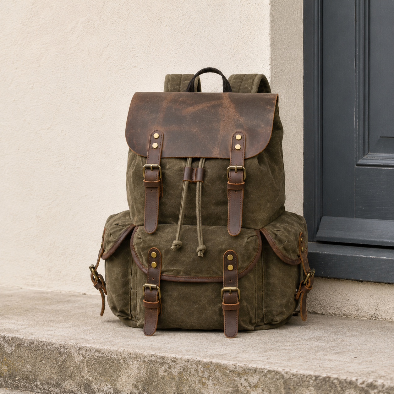 Army green waxed canvas backpack on a stone doorstep outside a back door