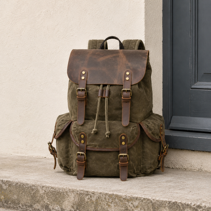 Army green waxed canvas backpack on a stone doorstep outside a back door