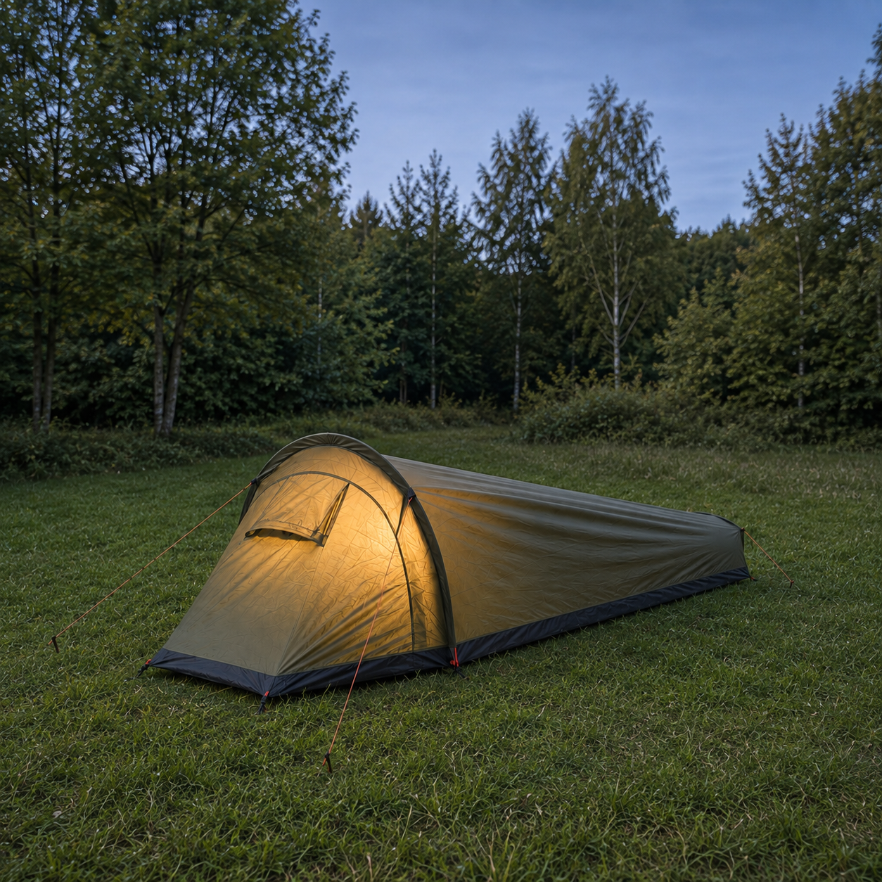 Army Green backpacking tent pitched at dusk with trees behind and the last light in the sky