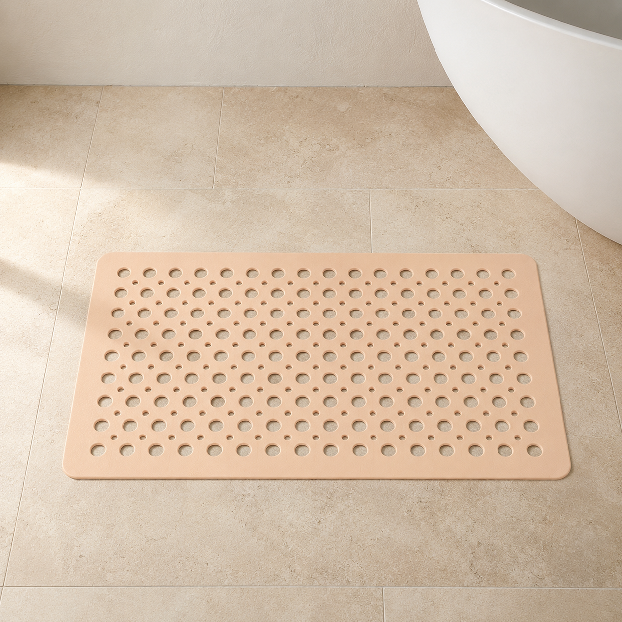 Beige non slip shower mat with drainage holes on a stone bathroom floor beside a freestanding bath
