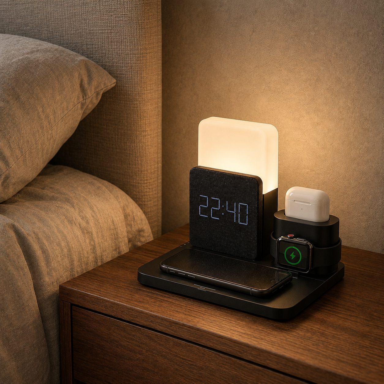 Black charging station on a bedside table at night with the lamp lit warm, phone, watch and earbuds charging