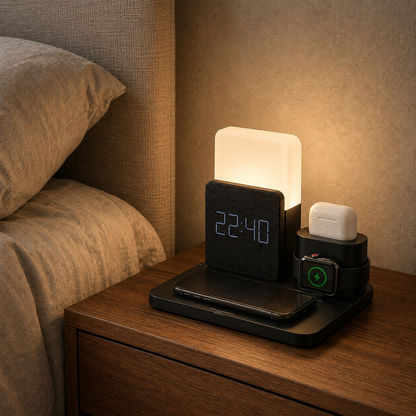 Black charging station on a bedside table at night with the lamp lit warm, phone, watch and earbuds charging