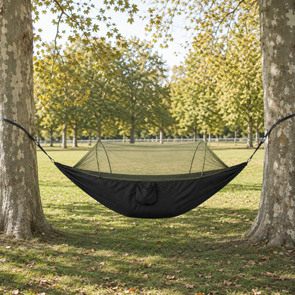 Black ultralight camping hammock with bug net in a city park