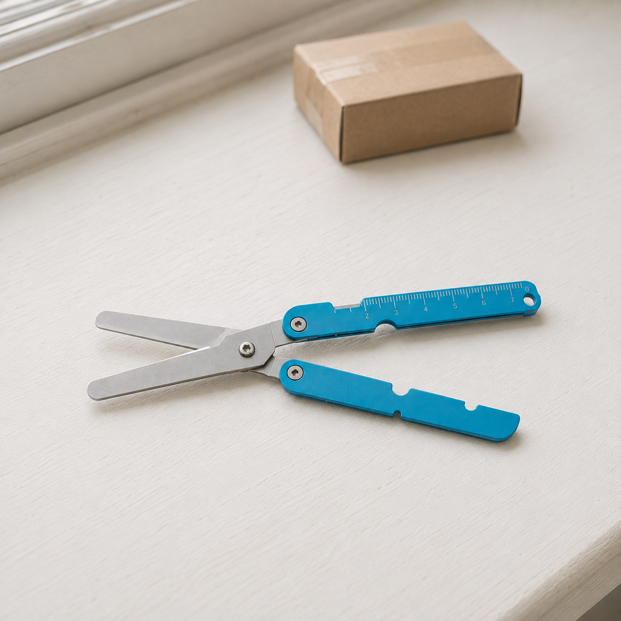 Blue folding pocket scissors open on a white painted windowsill beside a small parcel.