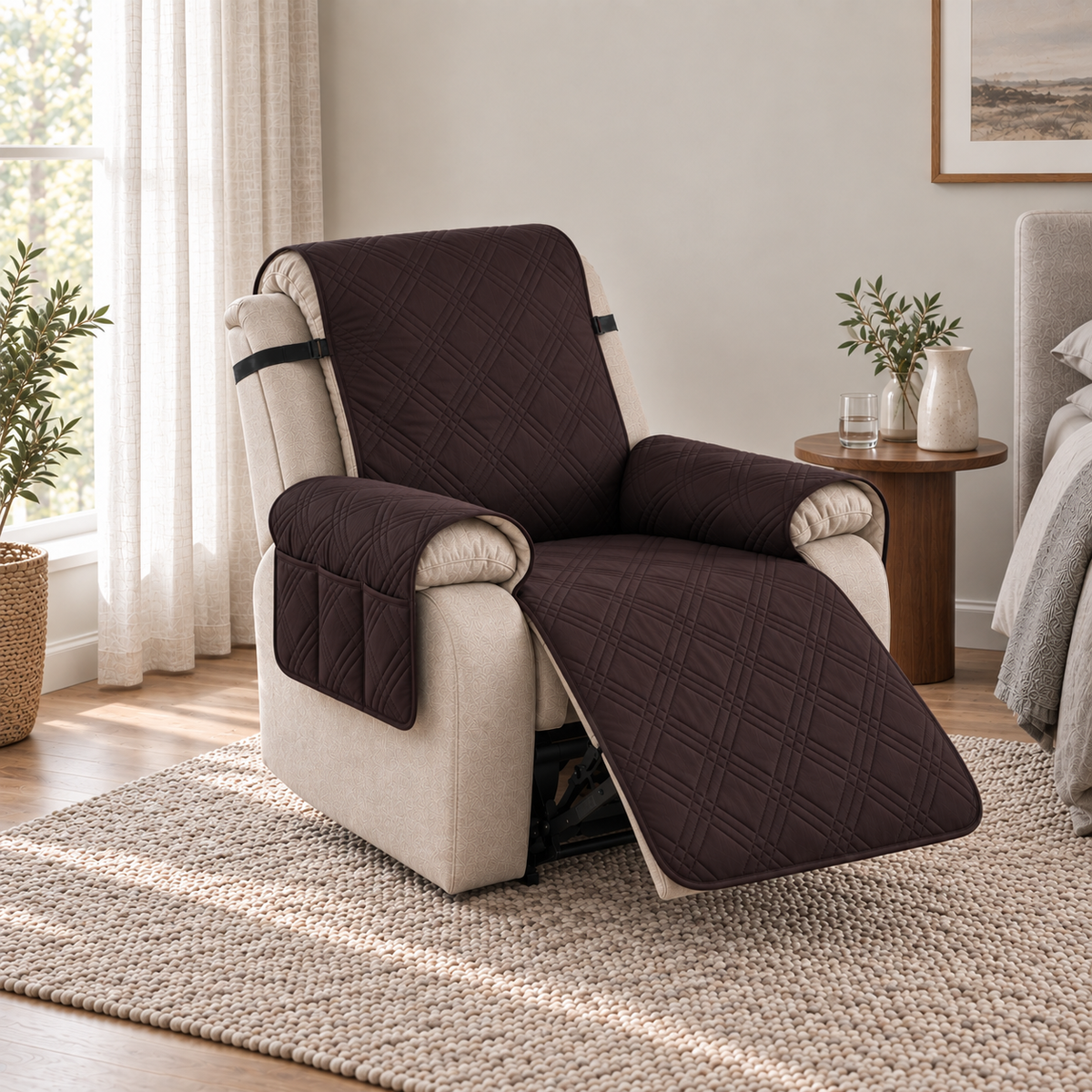 Brown quilted recliner slipcover with a three-compartment arm pocket on an oatmeal recliner, footrest out, in a bedroom sitting corner