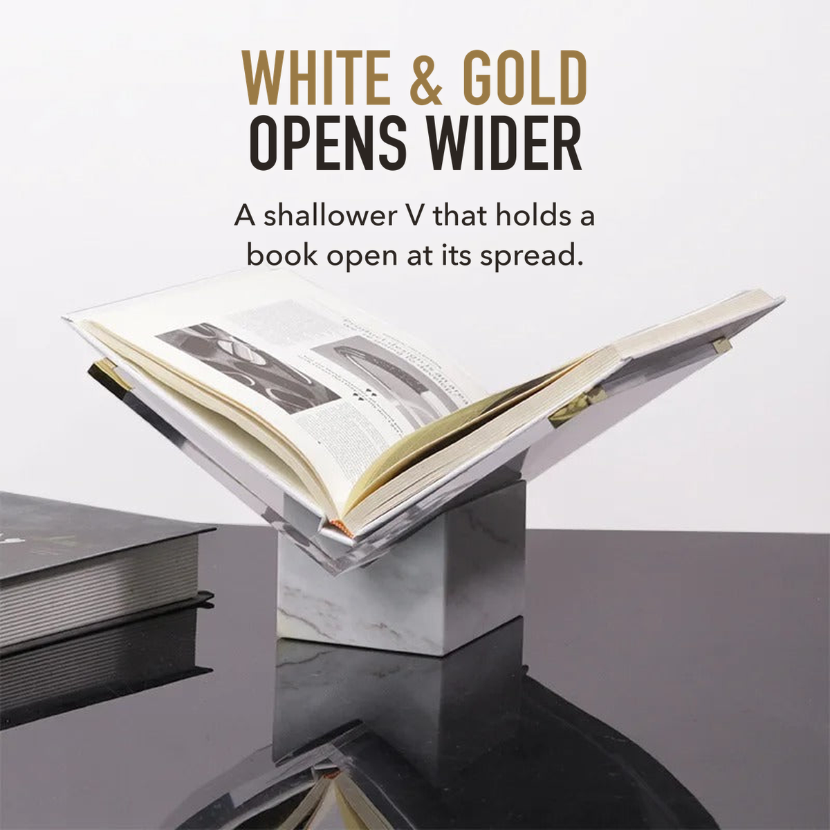 White and gold marble book stand holding an open book, under the words white and gold opens wider