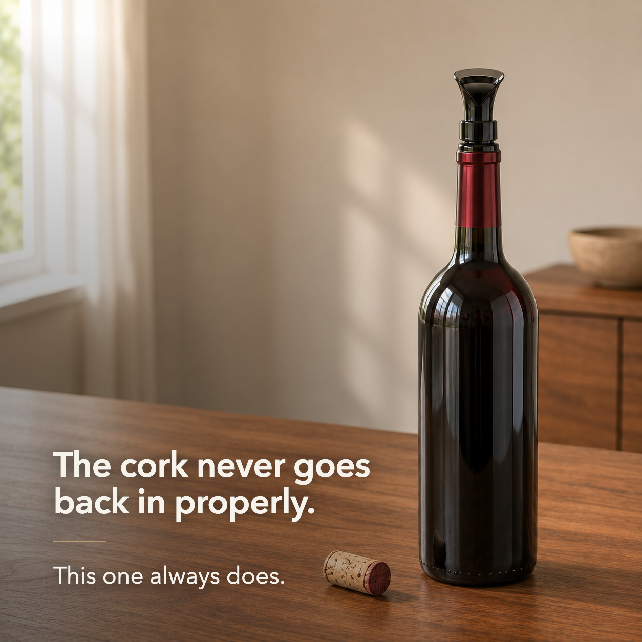 Wine bottle stopper closed in a bottle neck beside the used cork it replaces