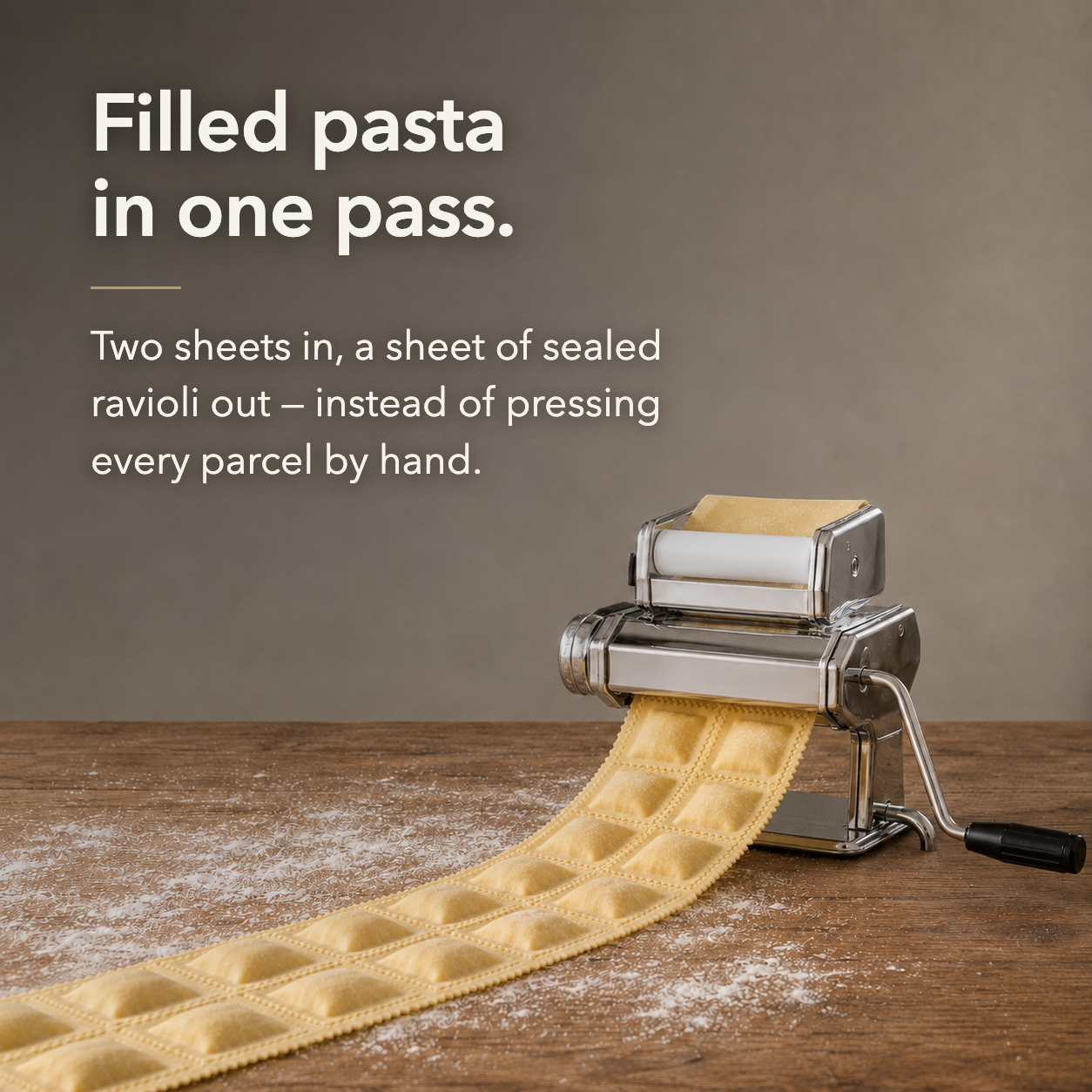 Filled pasta in one pass: two sheets in, a sheet of sealed ravioli out