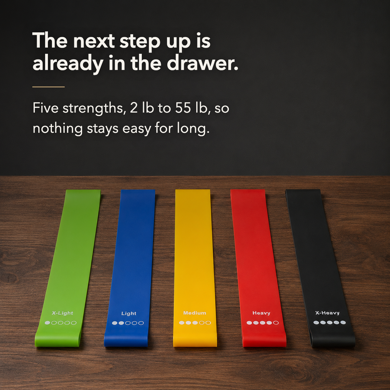 The five bands side by side on a dark wood table, each printed with its strength from X-Light to X-Heavy