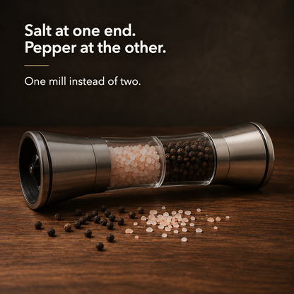 Salt at one end and pepper at the other in a single stainless steel mill