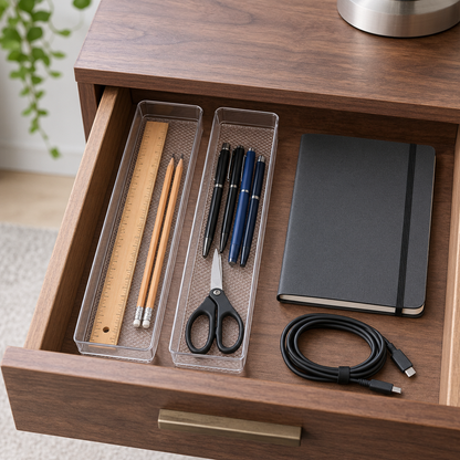 Two clear drawer organizer trays in a walnut desk drawer holding a ruler, pencils, pens and scissors