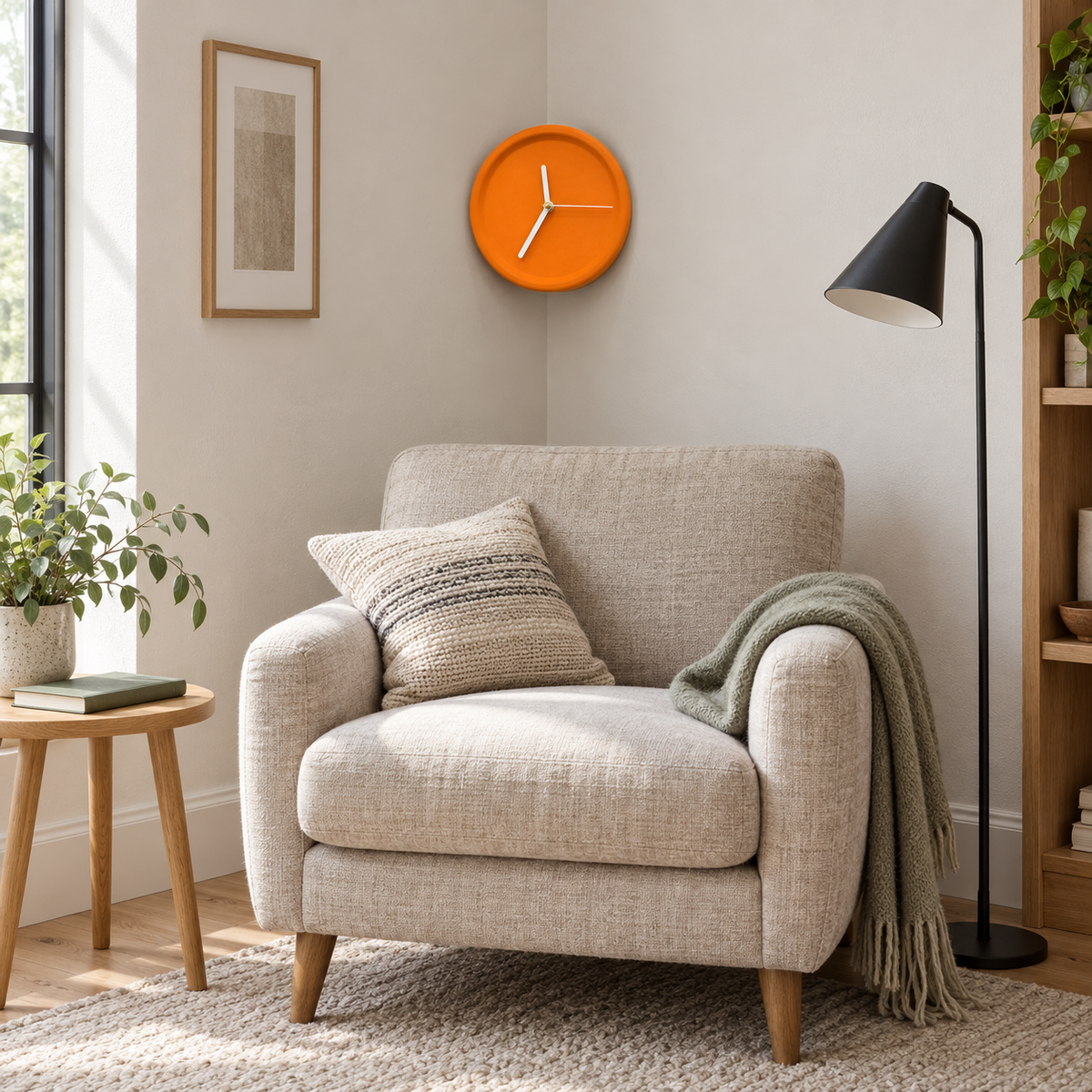 Orange corner wall clock above an armchair in a living room reading corner