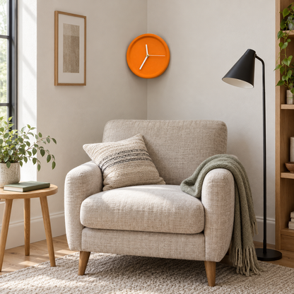 Orange corner wall clock above an armchair in a living room reading corner