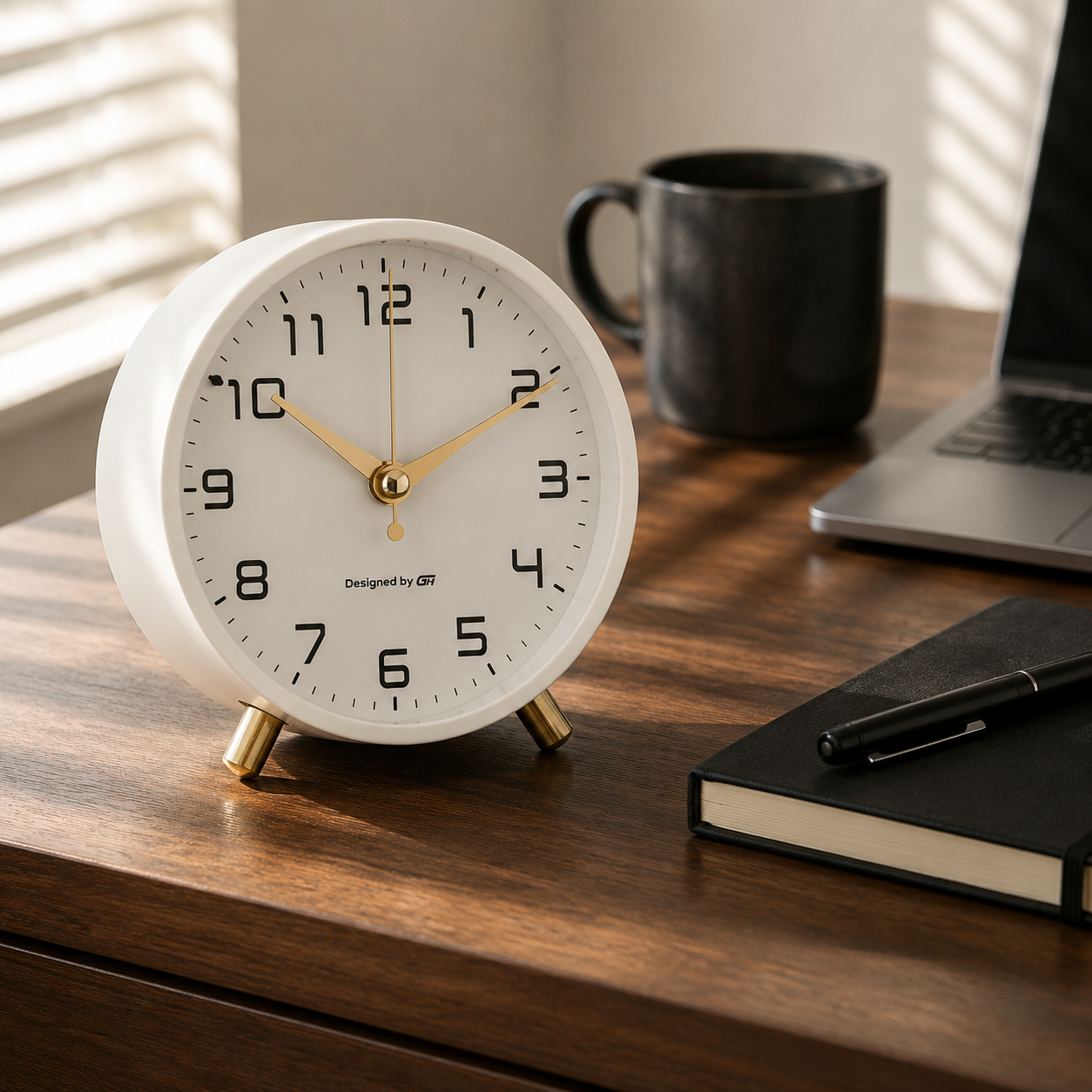 White analog alarm clock on a walnut desk in daylight, with a laptop, notebook and dark ceramic mug