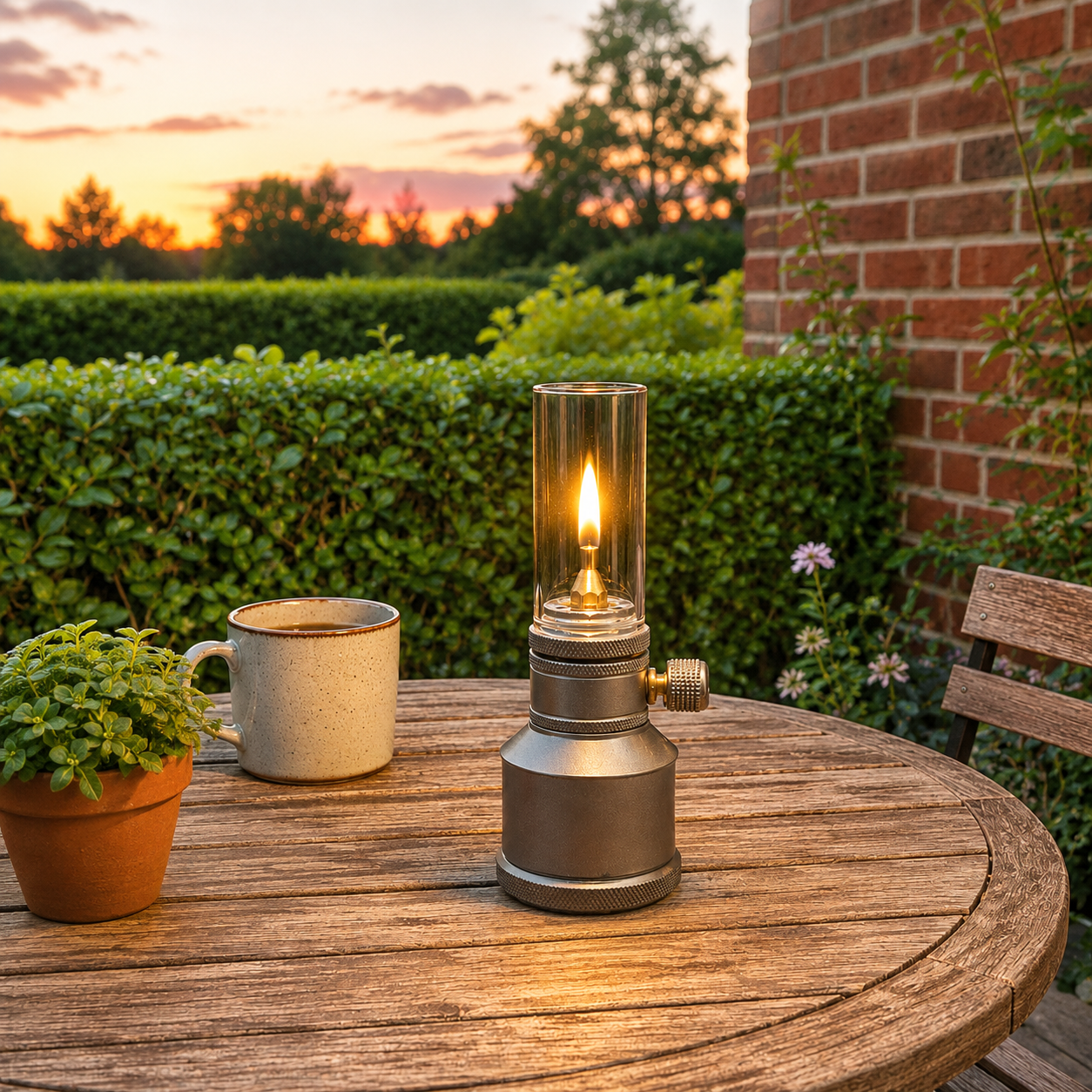 The lit lantern on a round wooden garden table in the evening beside a stoneware mug and a terracotta plant pot, with a hedge and a brick wall behind
