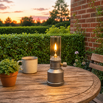 The lit lantern on a round wooden garden table in the evening beside a stoneware mug and a terracotta plant pot, with a hedge and a brick wall behind