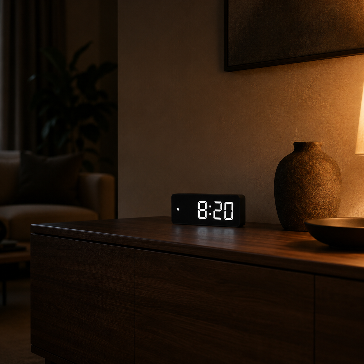 Black digital alarm clock on a walnut sideboard in warm evening lamplight, showing 8:20