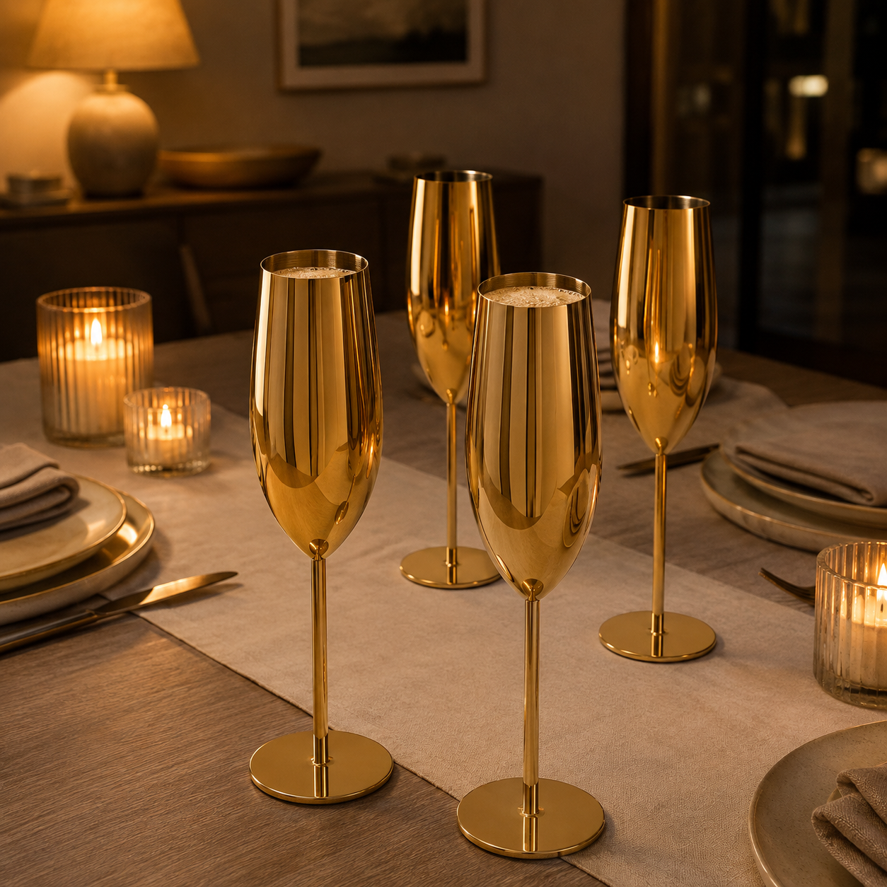 Four gold stainless steel champagne flutes poured with champagne on a candlelit evening dinner table